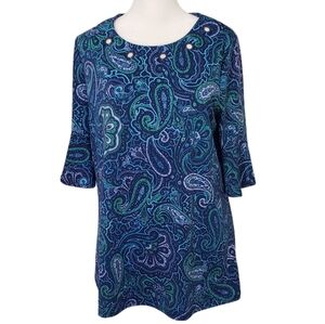 Tru Self Women's Blouse Paisley Print Evening Blue Bell Sleeve Size M